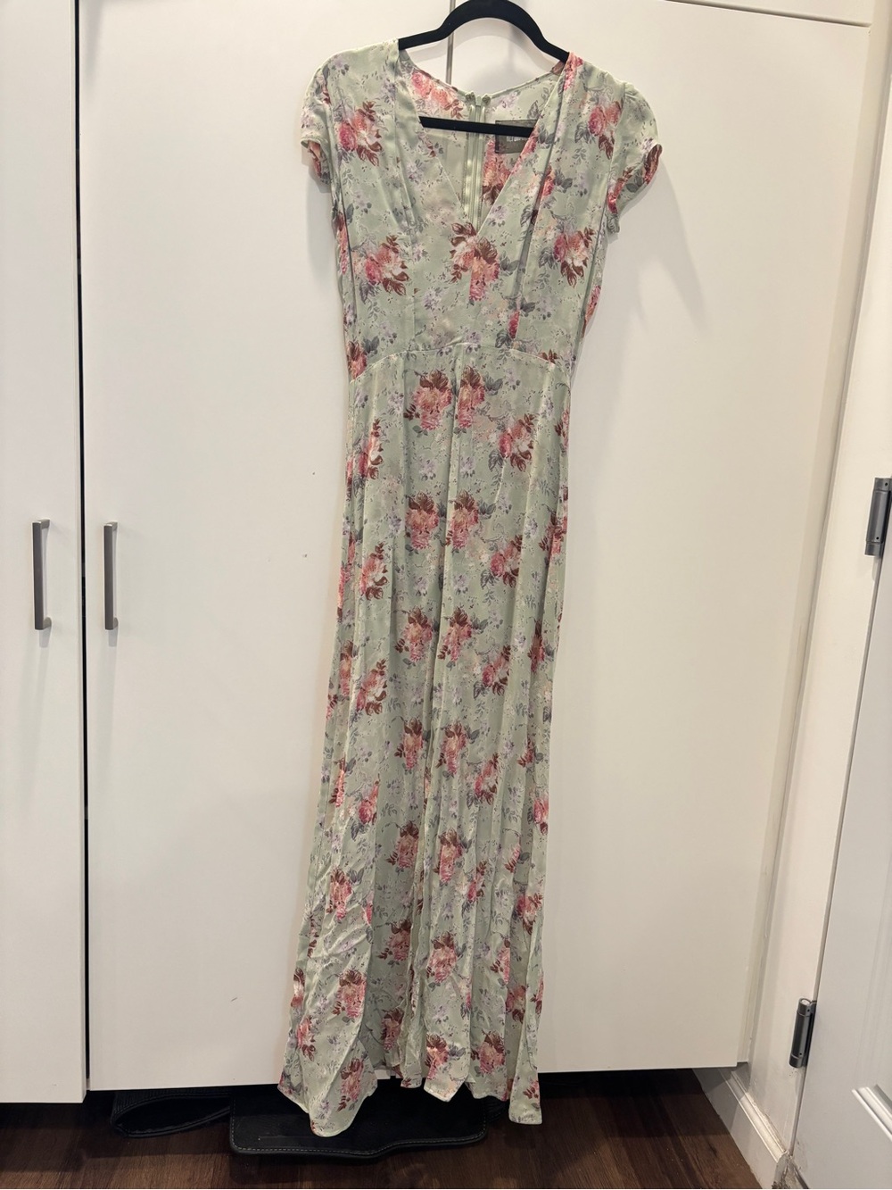 Reformation Mint Green Floral V-Neck Maxi Dress with Pink Roses